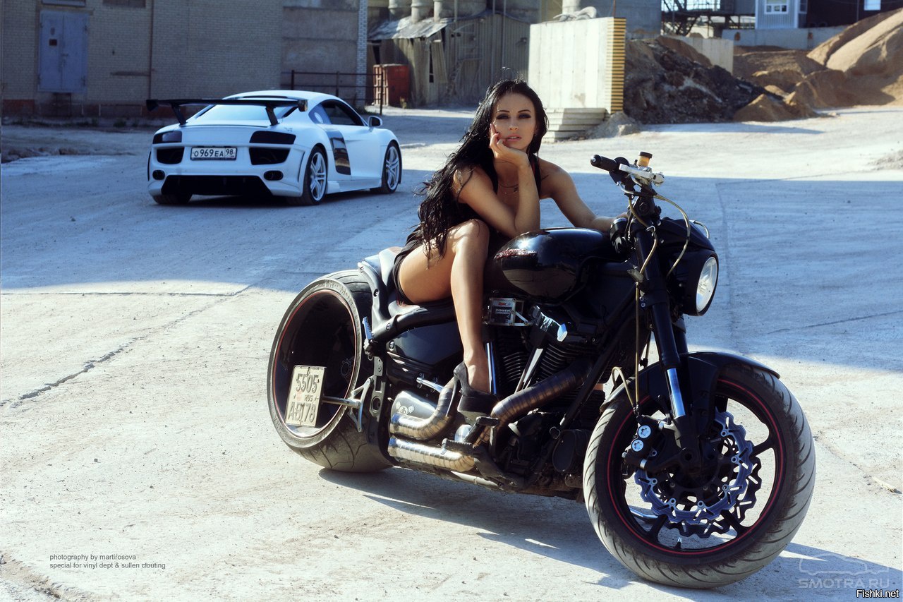 Sexy model Brunettes on a motorcycle in Ufa